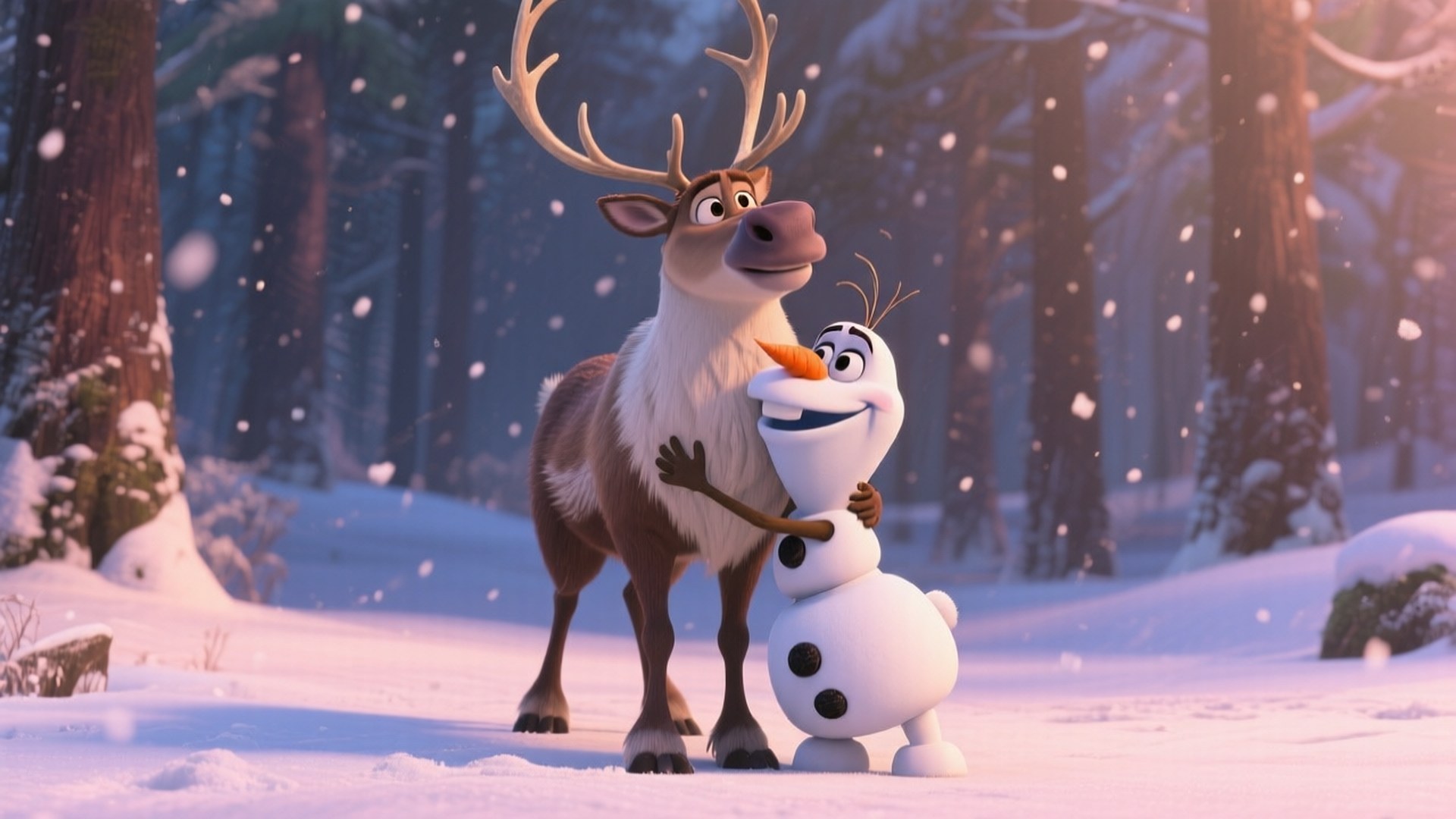 Olaf and Sven Hug 壁紙 — 馴鹿和雪人在雪地森林中溫暖擁抱，溫柔的雪花在柔和的金色光芒中飄舞。
