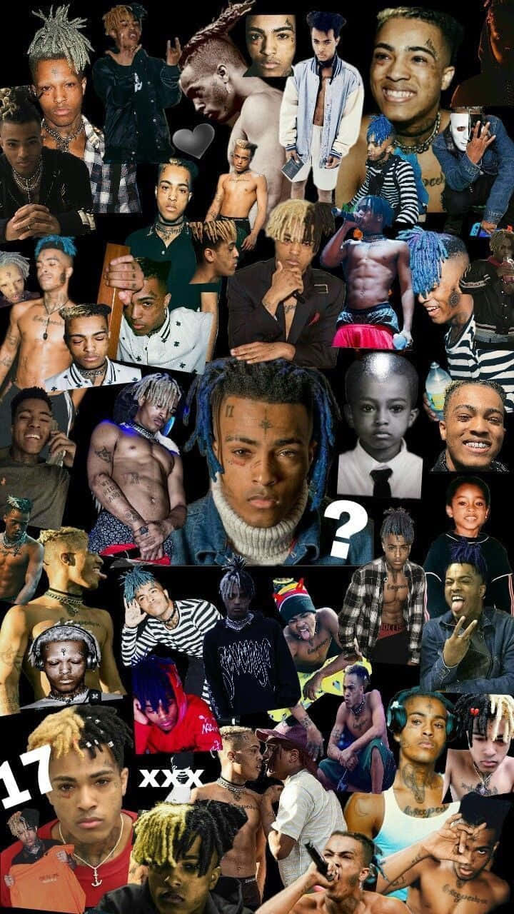  壁紙 — XXXTentacion 各種肖像的充滿活力的拼貼畫，展示了他標誌性的髮型、紋身以及在不同服裝和情緒下的富有表現力的姿勢。