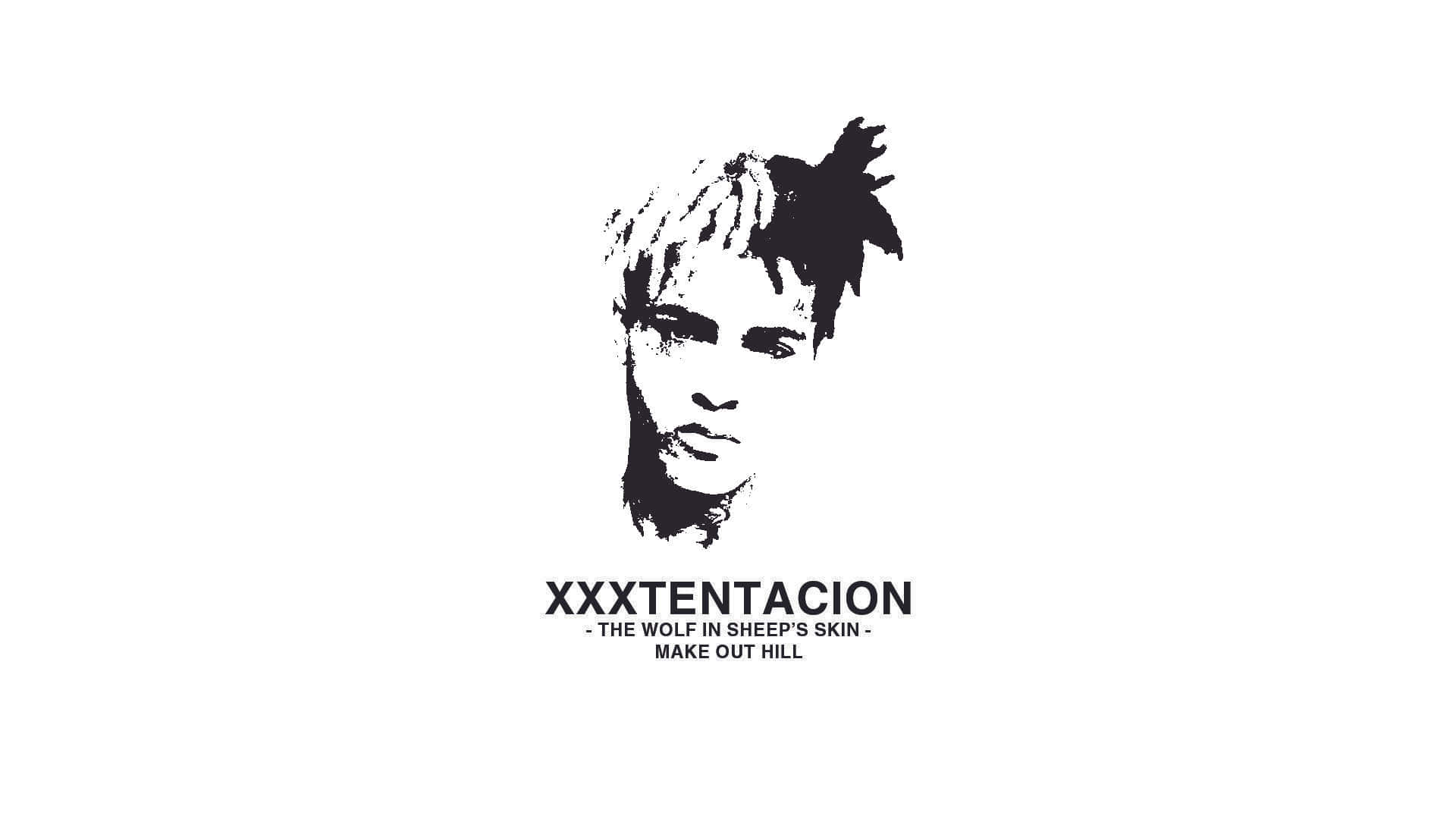 XXXTENTACION 桌布 壁紙 — XXXTENTACION 的大膽黑色墨水肖像，下方有文字，背景為純白色。