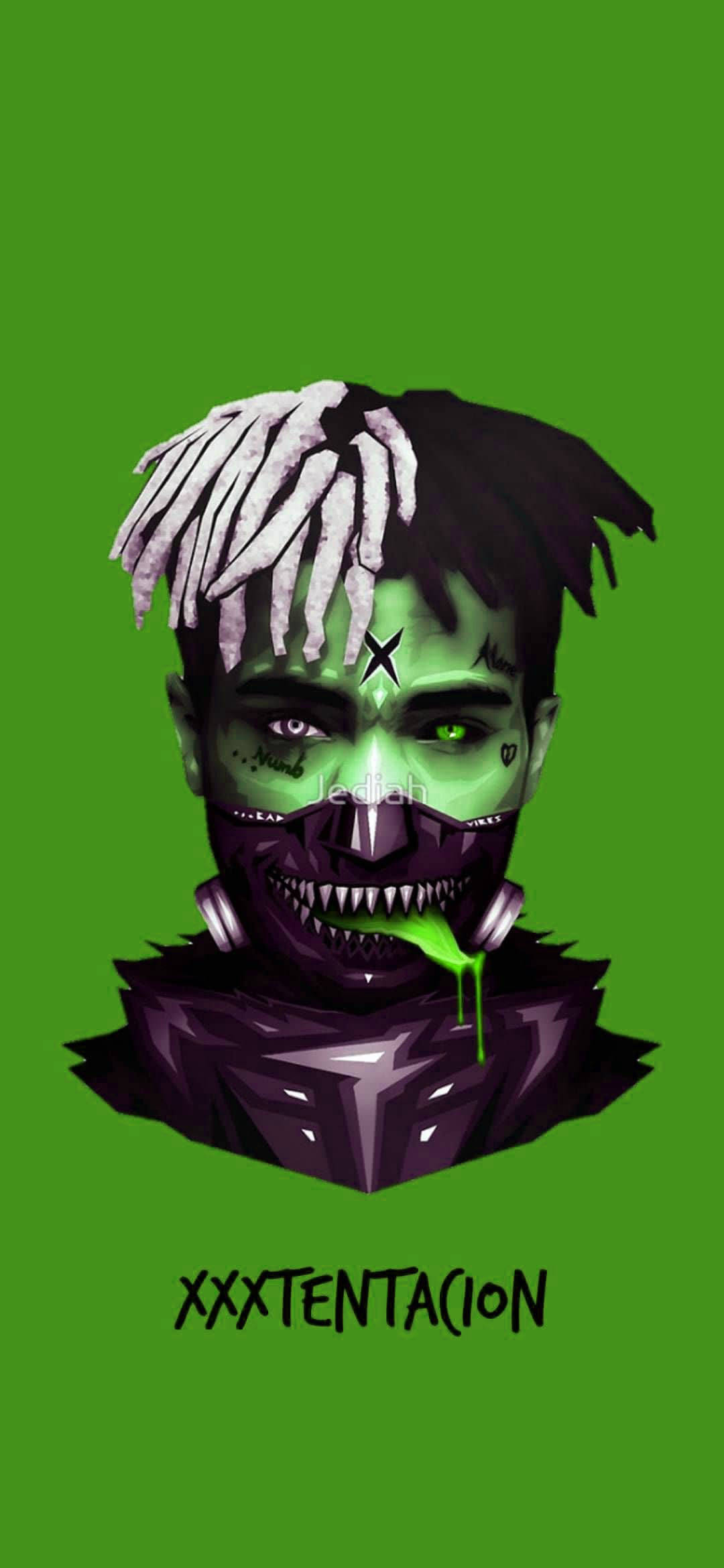 xxxtentacion 美學 桌布 壁紙 — XXXTENTACION 的風格化數位肖像，帶有發光的綠色皮膚、辮子頭和鋒利的牙齒，背景為純綠色。