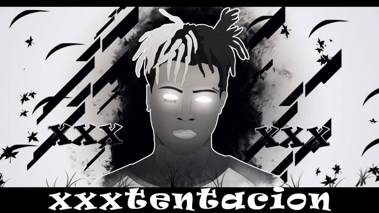 xxxtentacion 動畫 桌布 壁紙 — XXXTentacion 的風格化黑白肖像，眼睛發光，周圍環繞著鋸齒線條和星星。