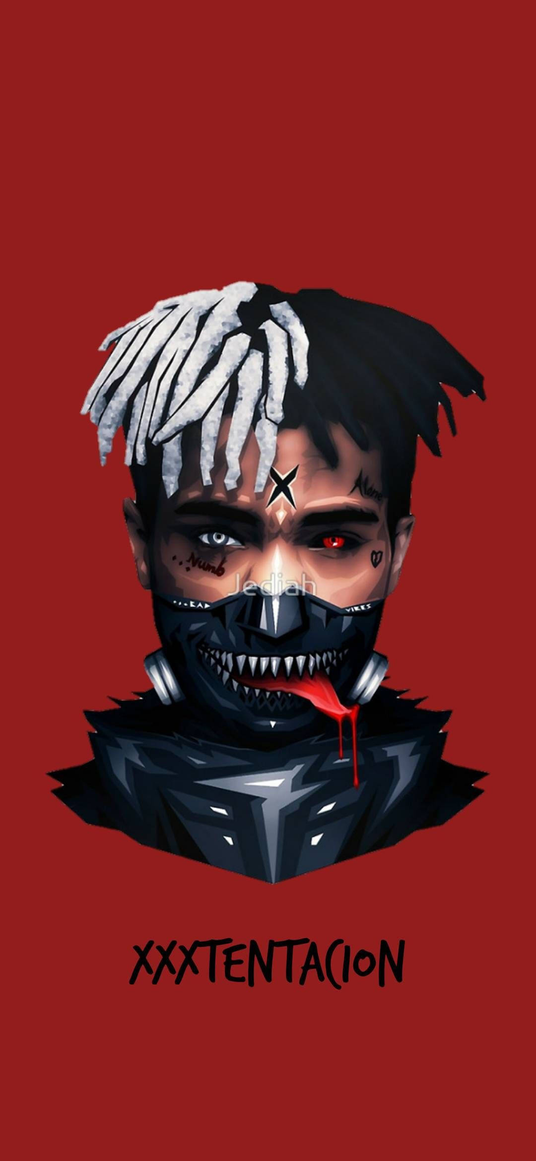 酷酷的xxxtentacion 桌布 壁紙 — XXXTENTACION 的風格化數位肖像，帶有辮子和面具，背景為純紅色。