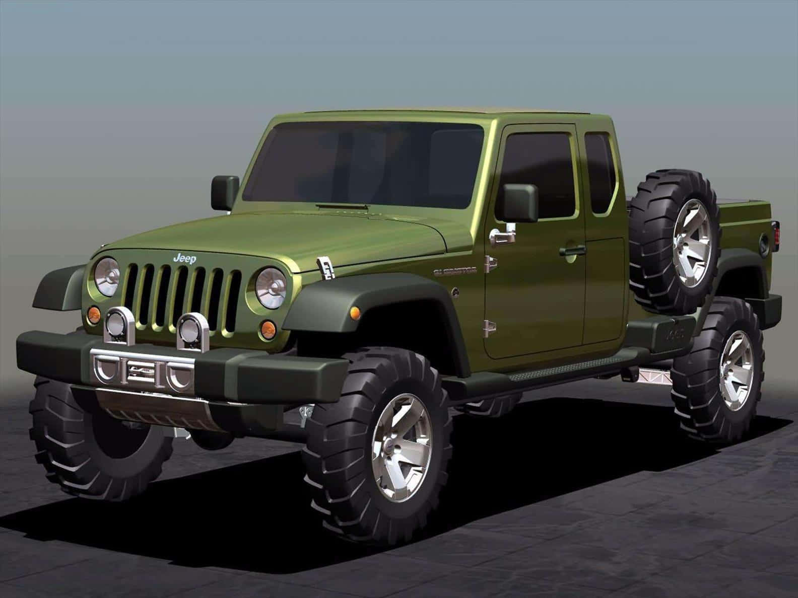 Jeep Gladiator 桌布 壁紙 — 一輛啞光橄欖綠色的Jeep Wrangler，配備超大輪胎和後部安裝的備用輪胎，在柔和的攝影棚燈光下站在深色瓷磚地板上。
