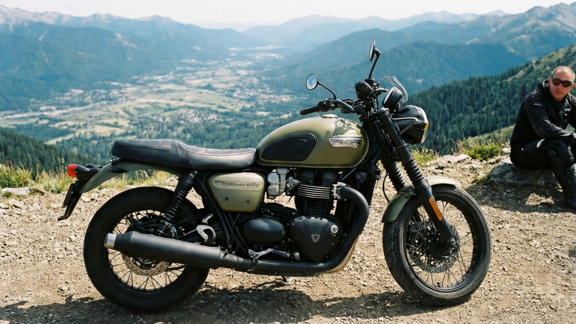 Mountain Trail Scrambler 壁紙 — 一輛啞光橄欖綠色的Triumph Bonneville摩托車停在山頂觀景點，附近坐著一位戴太陽眼鏡的男子。