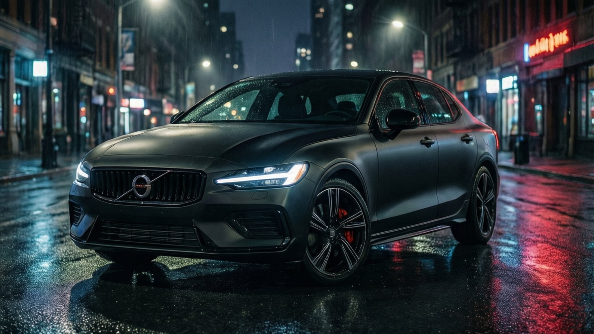 Neon Noir Sedan 壁紙 — 一輛啞光黑色富豪轎車在雨濕的夜街霓虹燈下閃閃發光。