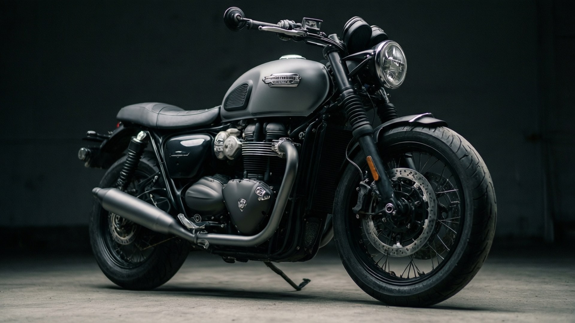 Dark Bobber Stance 壁紙 — 一架時尚的啞光黑色經典摩托車帶有鍍鉻裝飾，停在光線昏暗的工業車庫中。