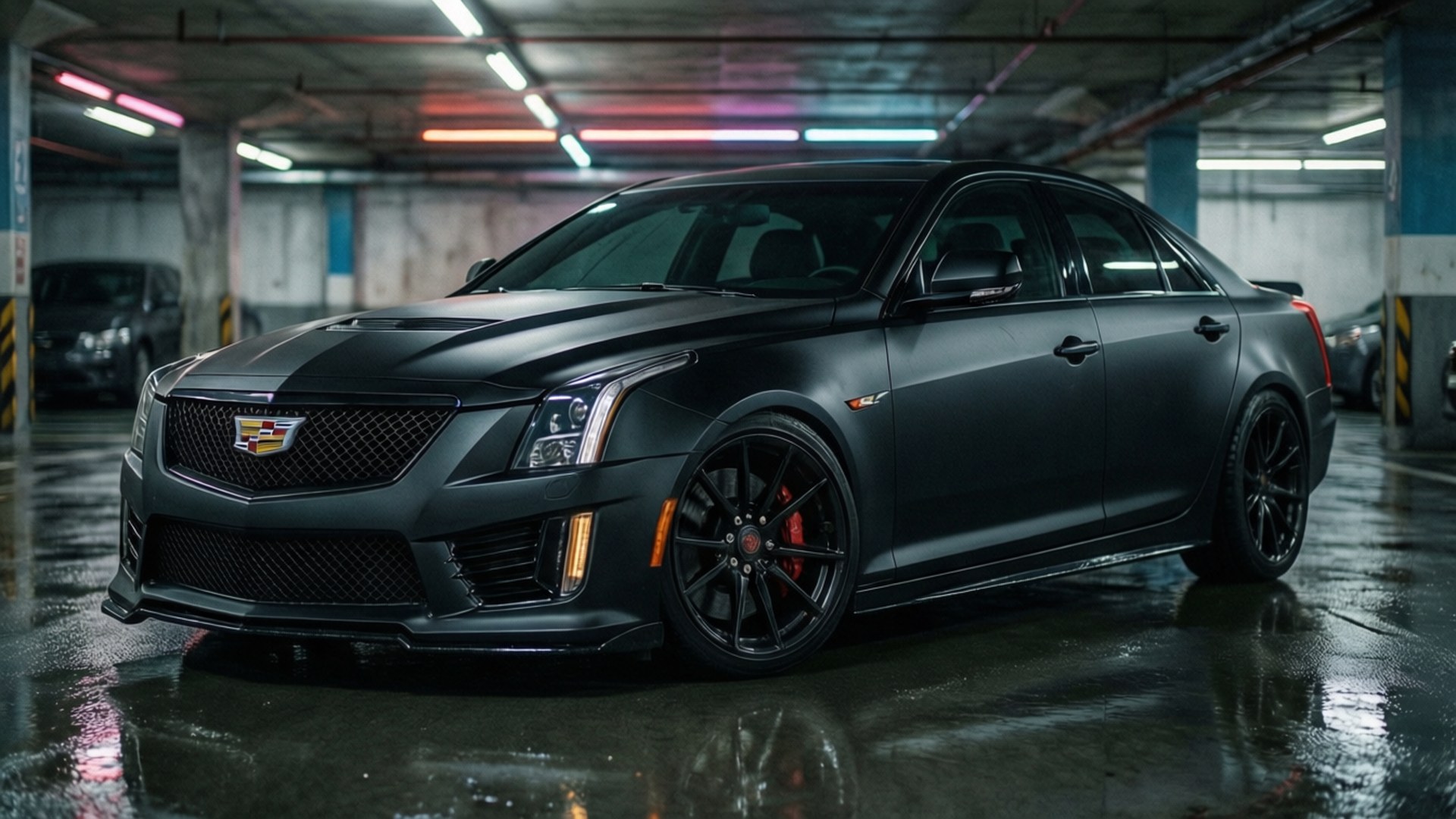 Neon Underground CTS 壁紙 — 一輛啞光黑色的凱迪拉克CTS-V運動轎車在潮濕的地下停車場中，在霓虹燈下閃閃發光。