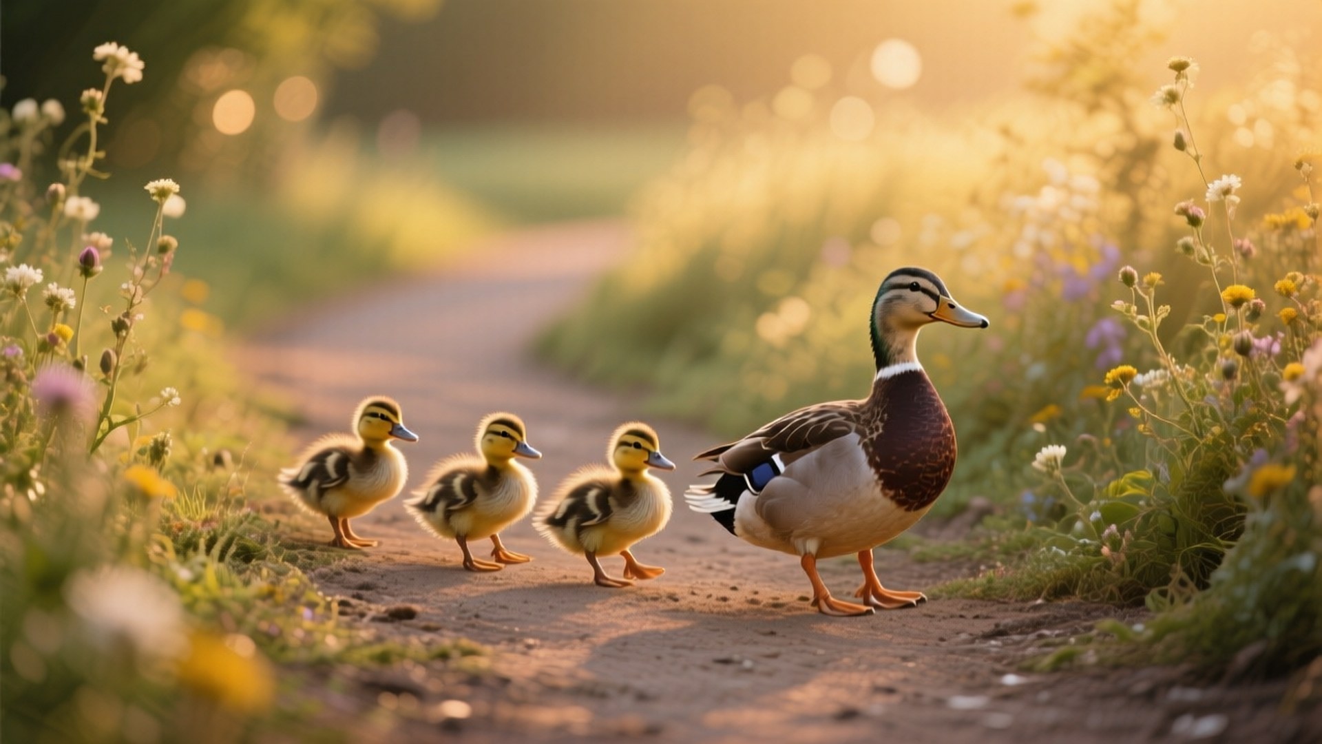 Duckling Family Walk 壁紙 — 鴨媽媽帶領三隻毛茸茸的小鴨沿著陽光明媚的泥土小徑穿過野花。