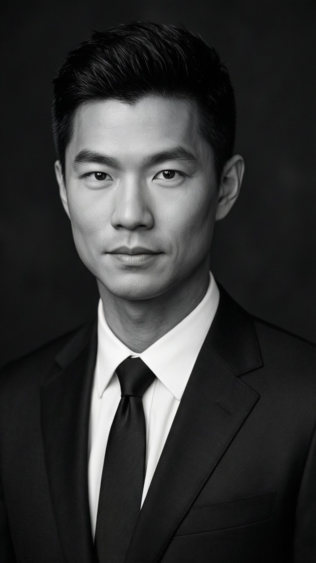 Off Court Elegance 壁紙 — 一個亞洲男人穿著西裝打領帶，在深色背景下的清晰黑白肖像。