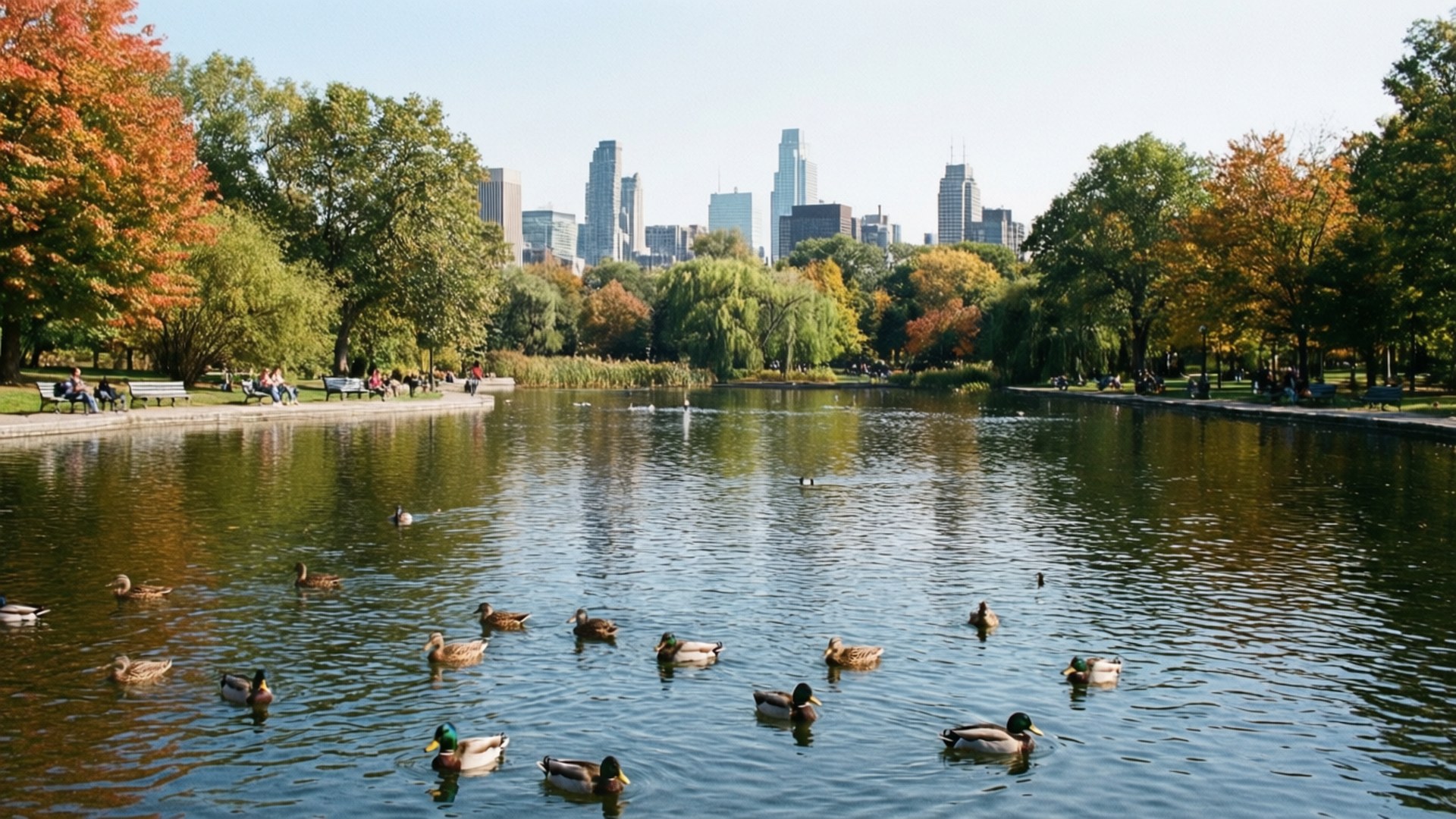 Parc La Fontaine City Escape 壁紙 — 鴨子在寧靜的湖中游泳，周圍是秋天的樹木，遠處可見城市天際線。