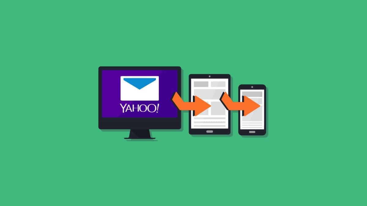 Yahoo Mail 桌布 壁紙 — Yahoo mail 圖示經由綠色背景上的橙色箭頭從桌面流向平板電腦再到智慧型手機。