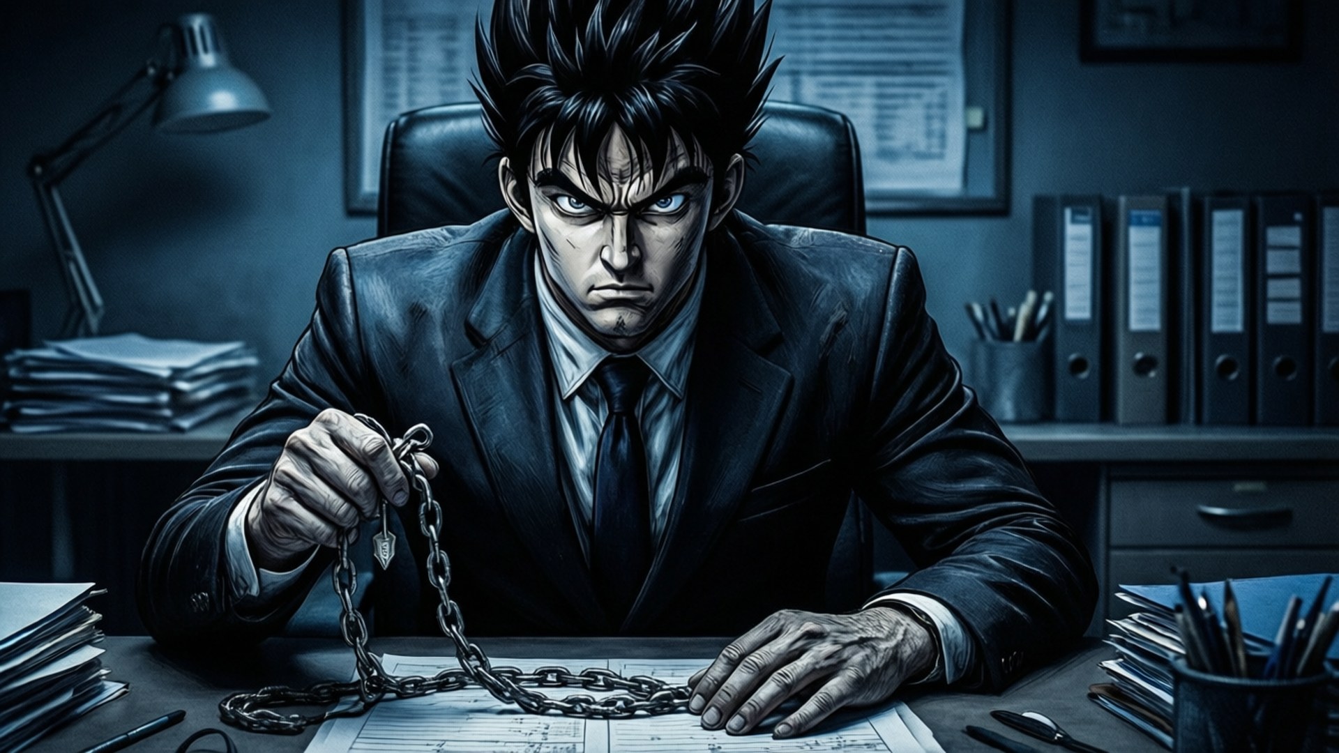 Suit of Vengeance 壁紙 — 一個嚴肅的動畫男人穿著西裝坐在雜亂的辦公桌前，在昏暗的辦公室裡拿著一條鏈條放在藍圖上。
