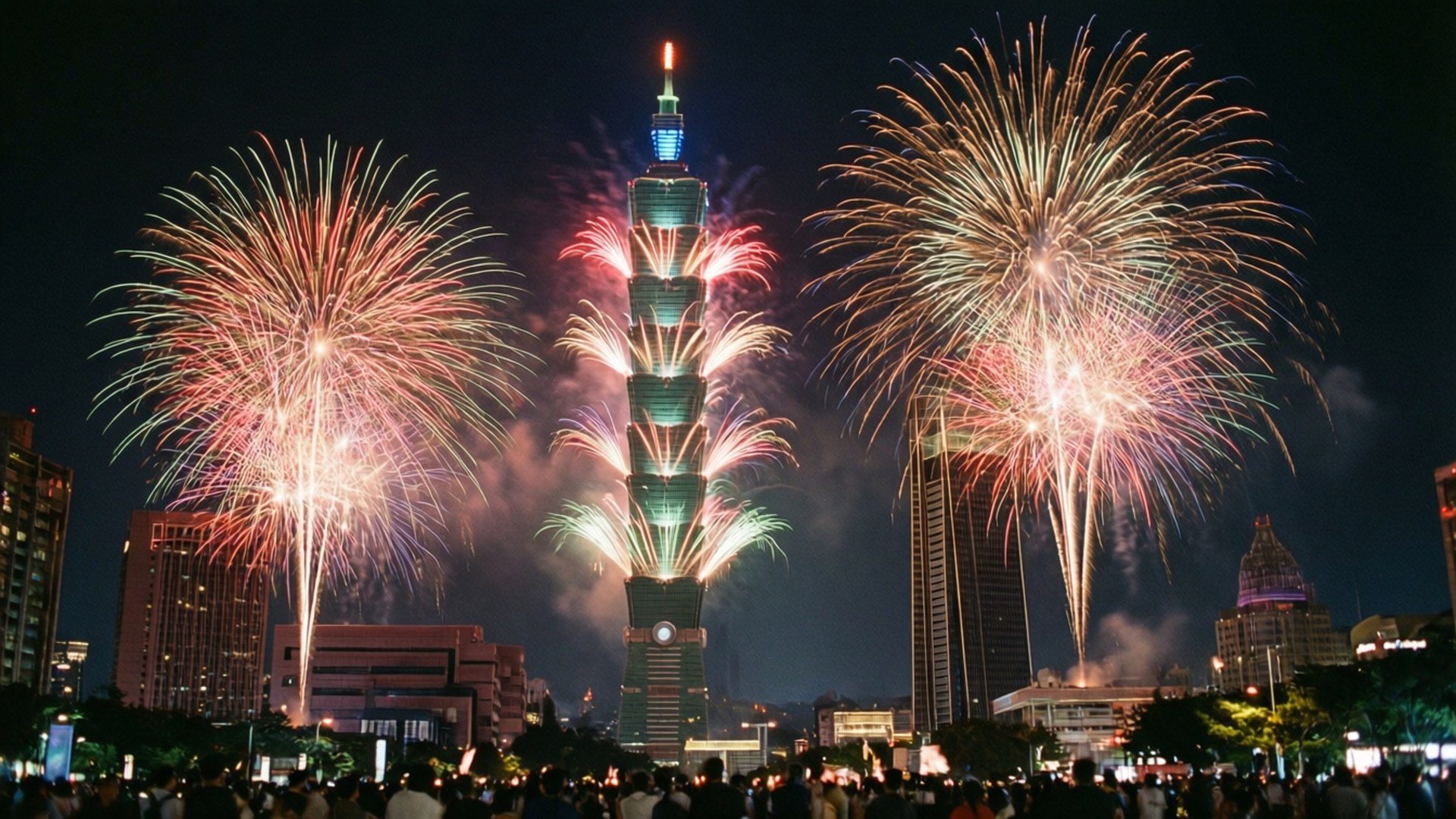 煙火照亮台北101大樓上方的夜空，下方有群眾觀看。 — 台北 壁紙
