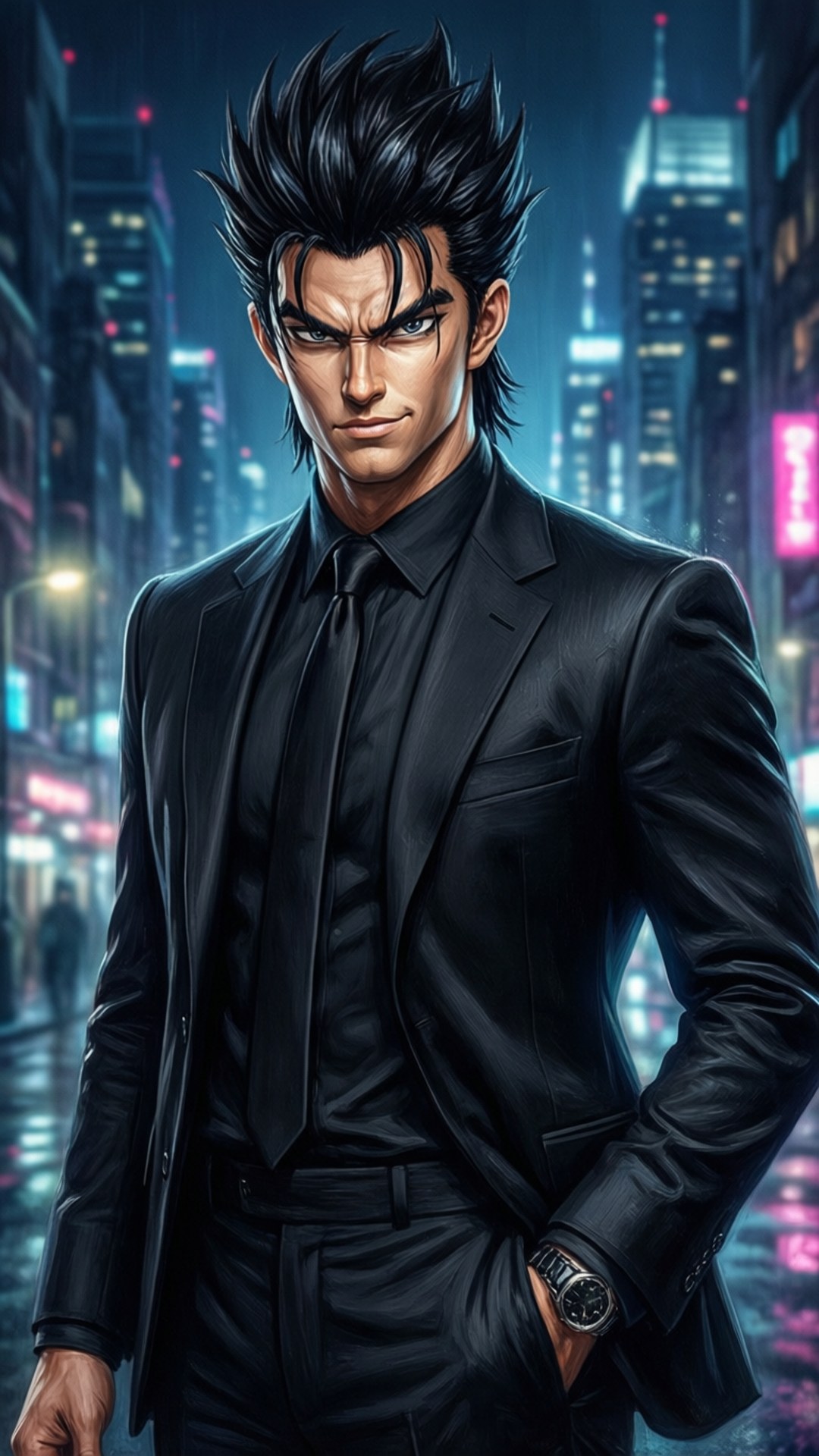 酷拉皮卡 桌布 壁紙 — 一個嚴肅的動漫男子穿著黑色西裝，自信地站在夜晚霓虹燈閃爍的賽博朋克街道上。