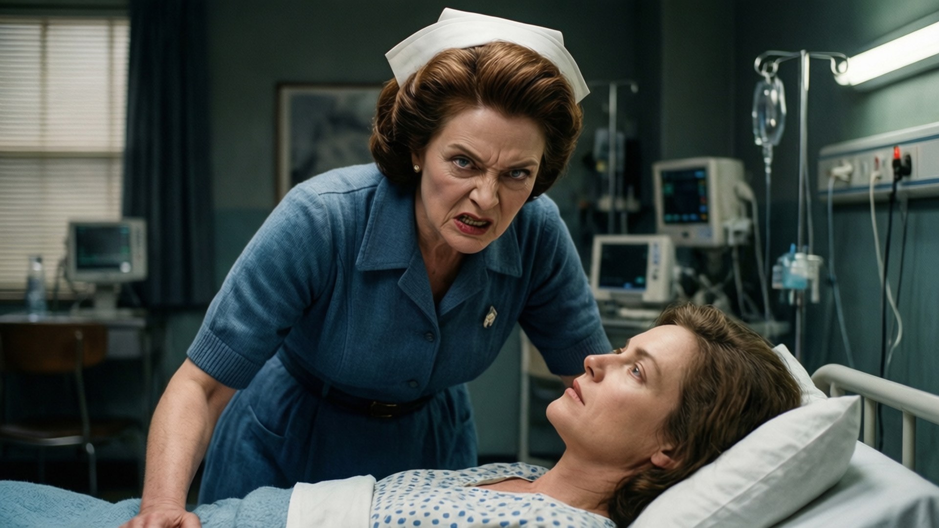 Ratched 桌布 壁紙 — 一位穿著藍色制服、表情嚴肅的護士，俯視著病床上被醫療設備包圍的病人。