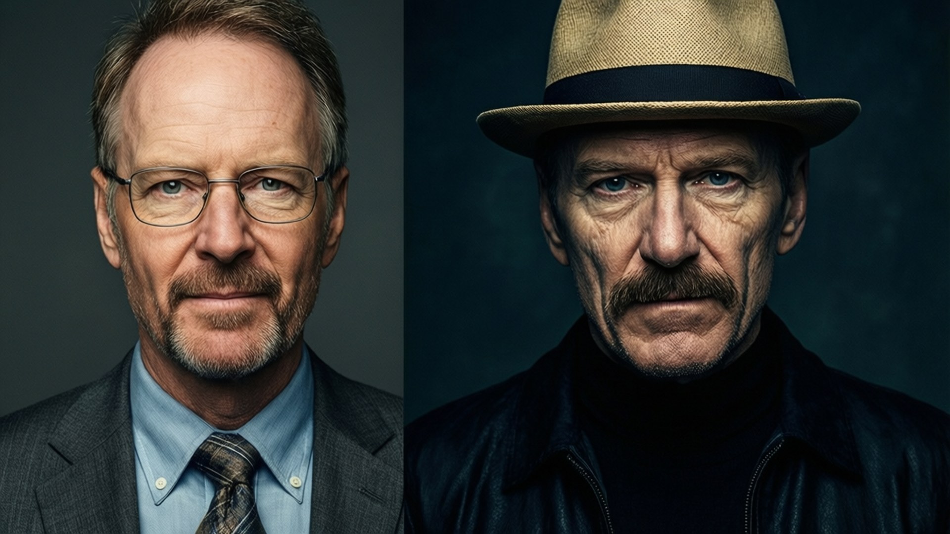 Duality of Walter White 壁紙 — 演員布萊恩·克蘭斯頓飾演華特·懷特的對比專業與犯罪人格的分割肖像。