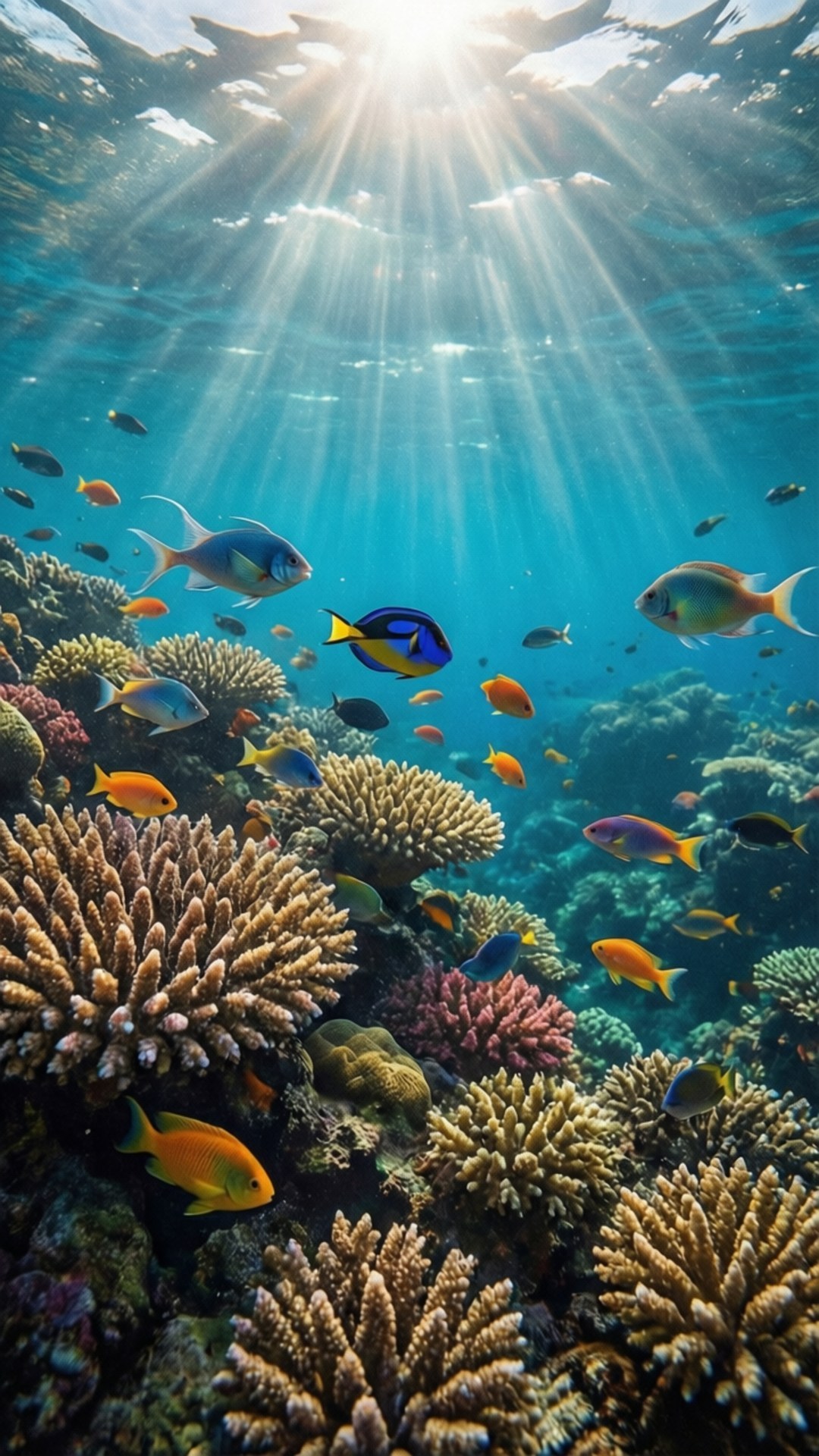 生機勃勃的珊瑚礁充滿色彩繽紛的魚類，在清澈藍色海水中明亮的陽光下 — iPad 壁紙