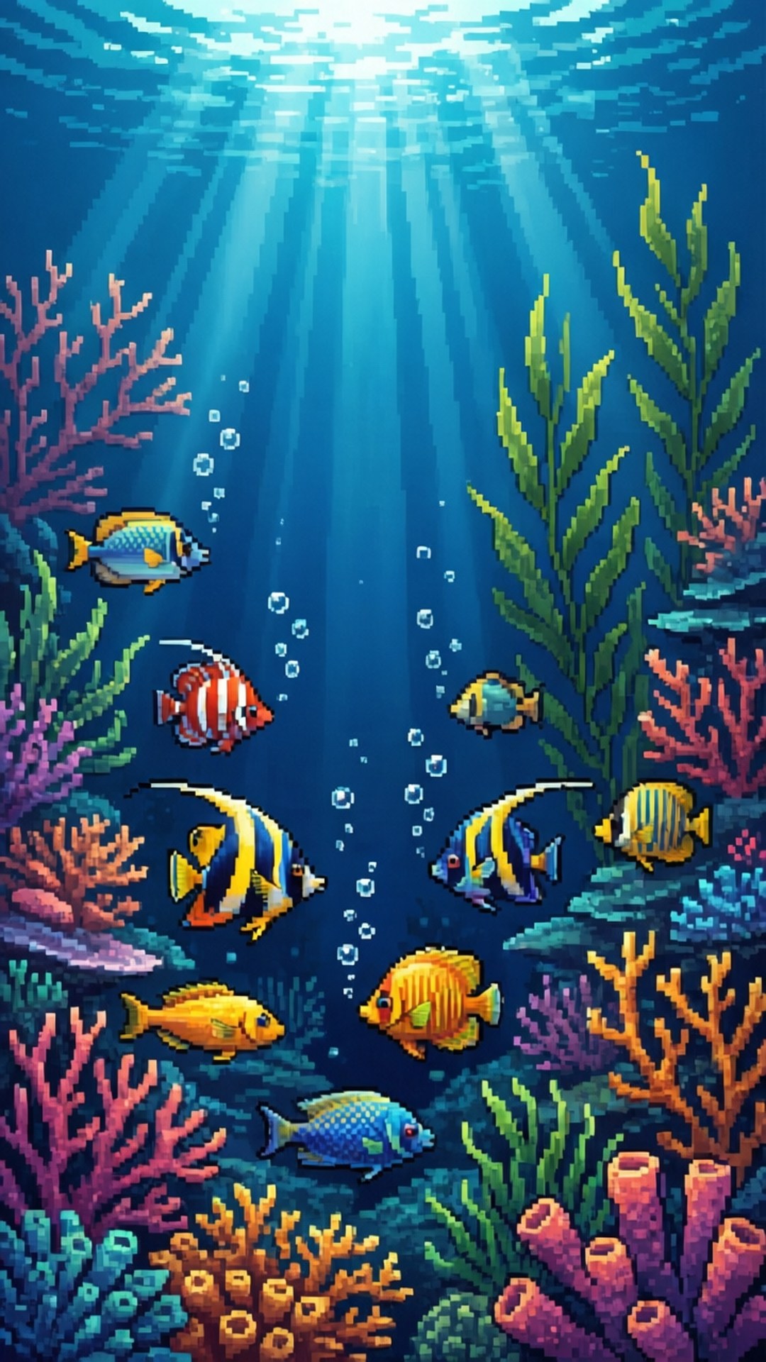 Pixel Reef Underwater 壁紙 — 陽光穿過海水，照亮了色彩繽紛的珊瑚礁和熱帶魚，構成充滿活力的像素藝術水下場景。