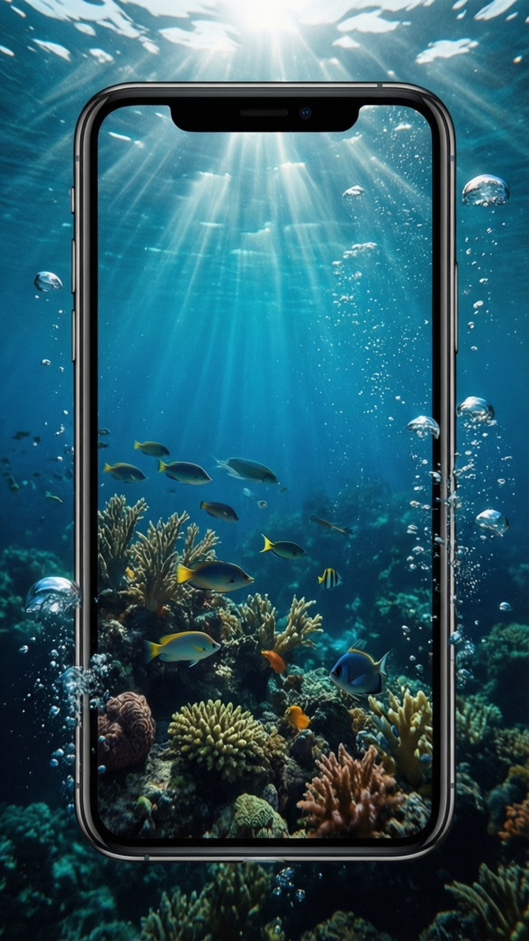 智慧型手機顯示充滿活力的水下珊瑚礁場景，有魚和陽光。 — iPhone 11 壁紙