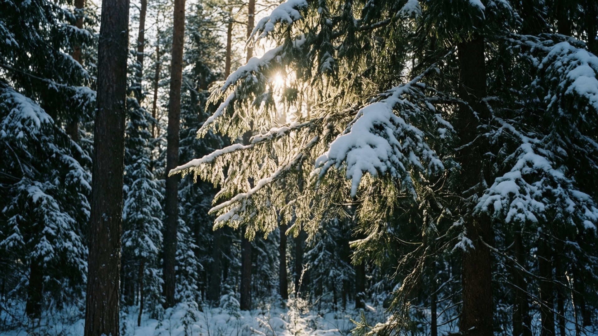 Snowy Pine Forest 壁紙 — 陽光穿過積雪的常綠樹枝，灑落在寂靜的冬季森林中。