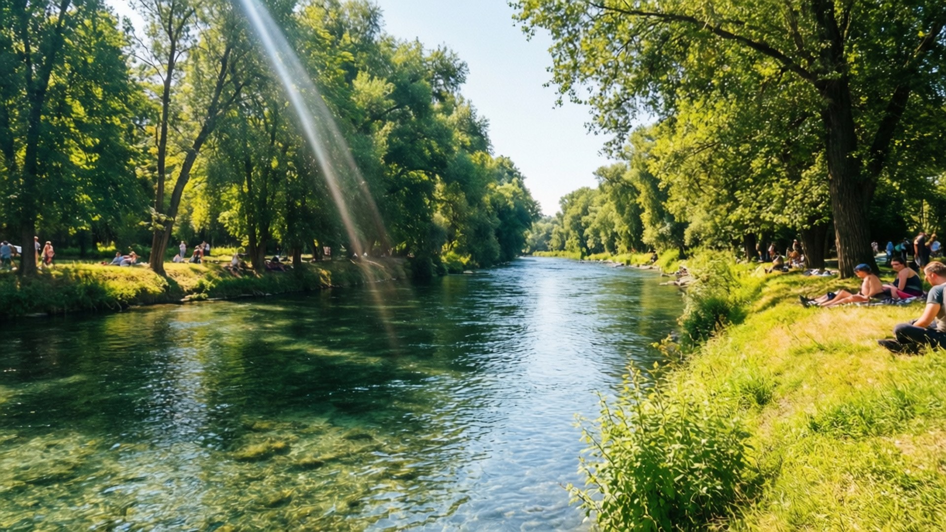 Isar River Summer 壁紙 — 陽光穿過茂密的綠樹，照射在清澈的河流上，人們在長滿草的河岸上放鬆。