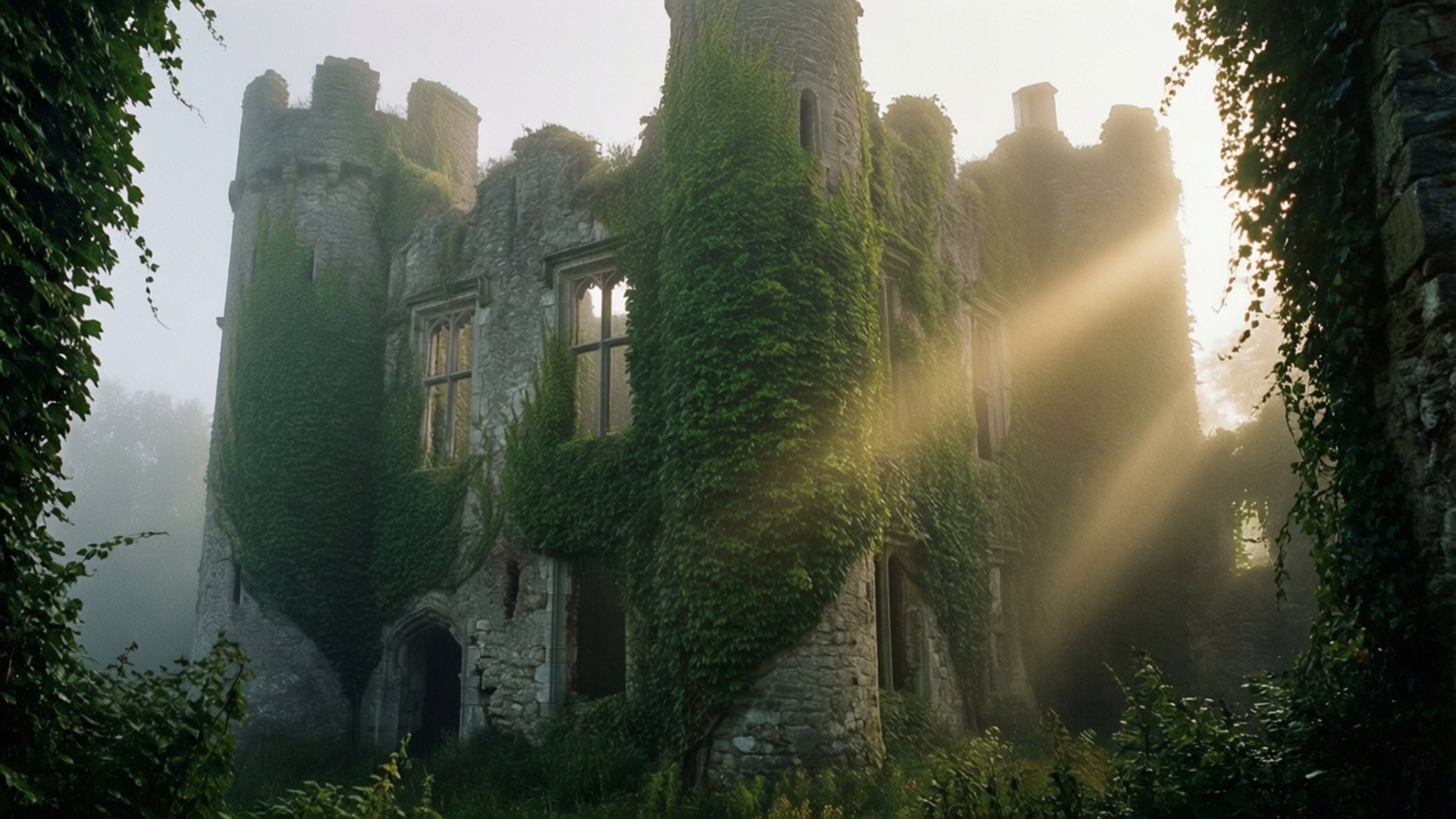 Misty Ruins at Dawn 壁紙 — 陽光穿過迷霧，照亮了一座長滿青苔的石頭城堡，常春藤攀爬在它的塔樓和窗戶上。
