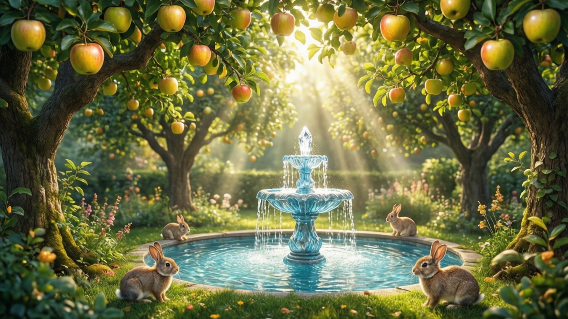 Garden of Paradise 壁紙 — 陽光穿過蘋果樹，框住一個藍色噴泉，兔子在草地上休息。