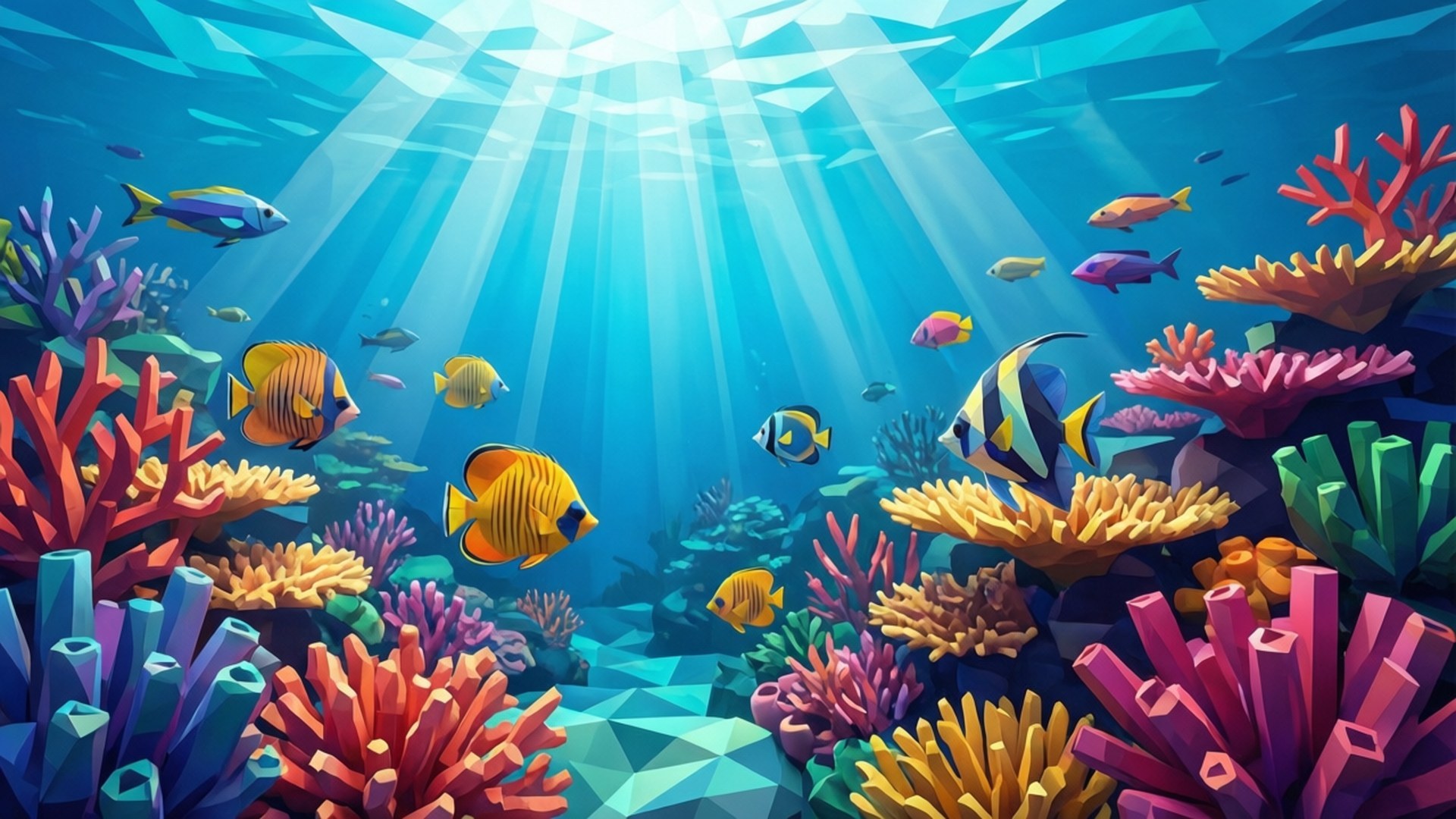 Coral Reef 壁紙 — 陽光穿過清澈湛藍的海水，照亮了充滿活力的珊瑚礁和色彩繽紛的熱帶魚，呈現出風格化的海底場景。