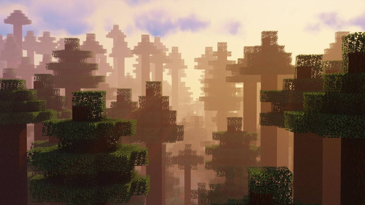 像素遊戲世界中的塊狀森林樹木，夕陽。 — 可愛的 Minecraft 壁紙