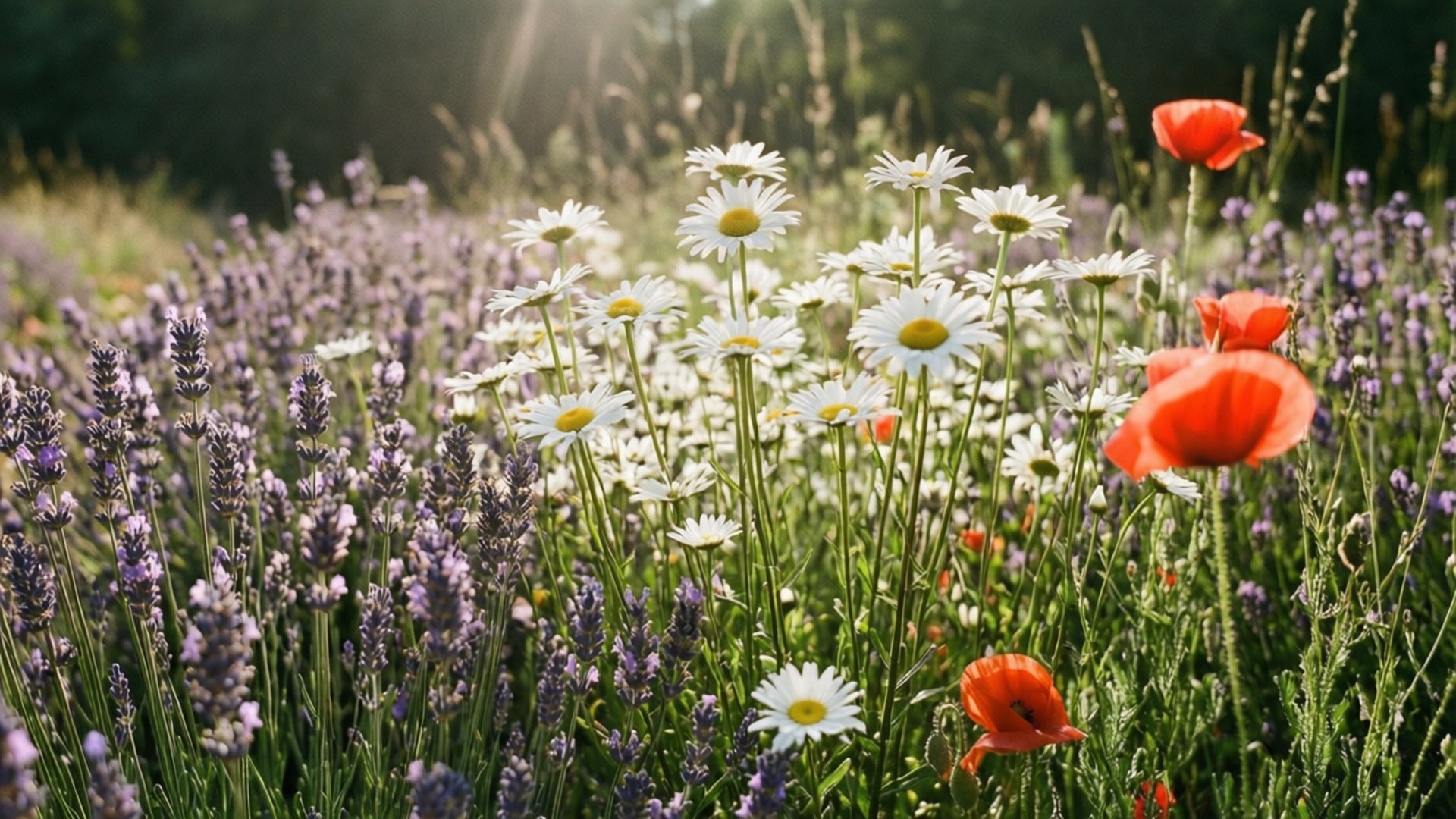 Wildflower Meadow Dream 壁紙 — 陽光穿過一片充滿白色雛菊、紫色薰衣草和鮮紅色罌粟花的生機勃勃的草地。