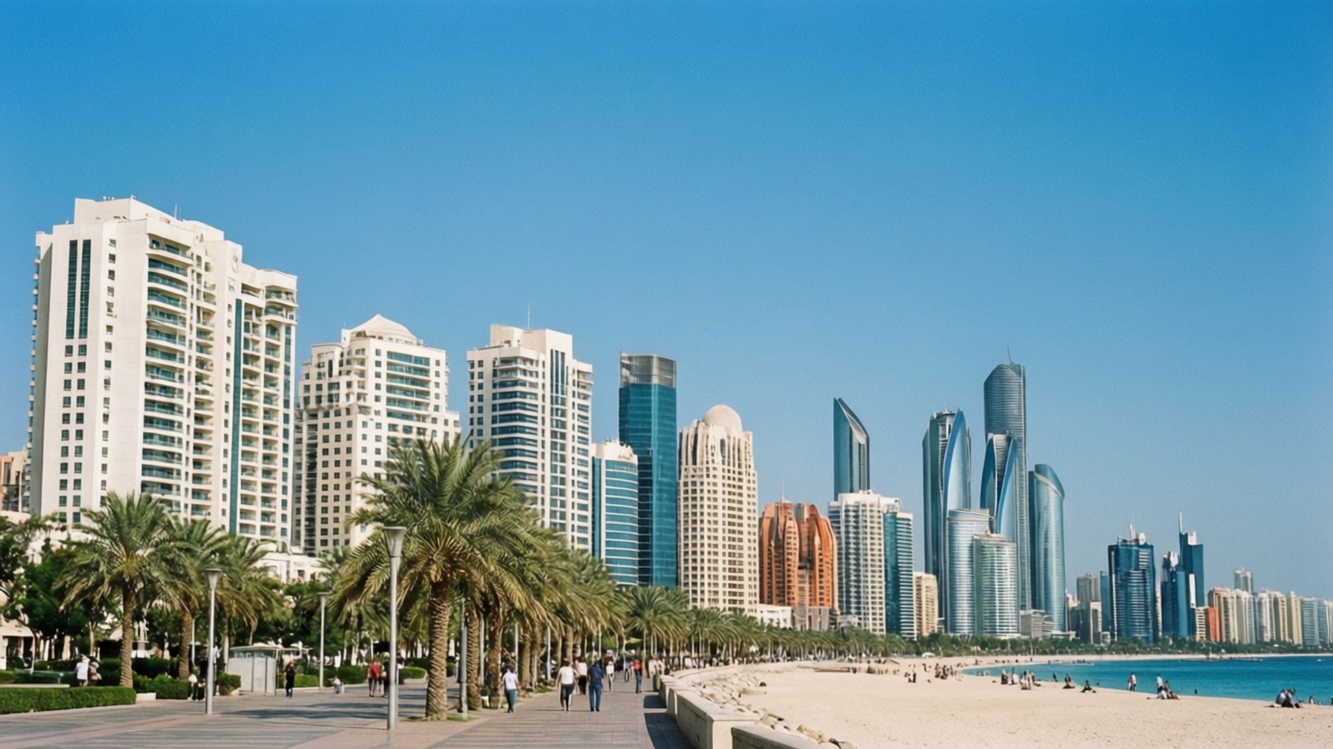 Abu Dhabi Corniche Skyline 壁紙 — 陽光明媚的海濱，兩旁種滿棕櫚樹和現代摩天大樓，天空清澈湛藍。