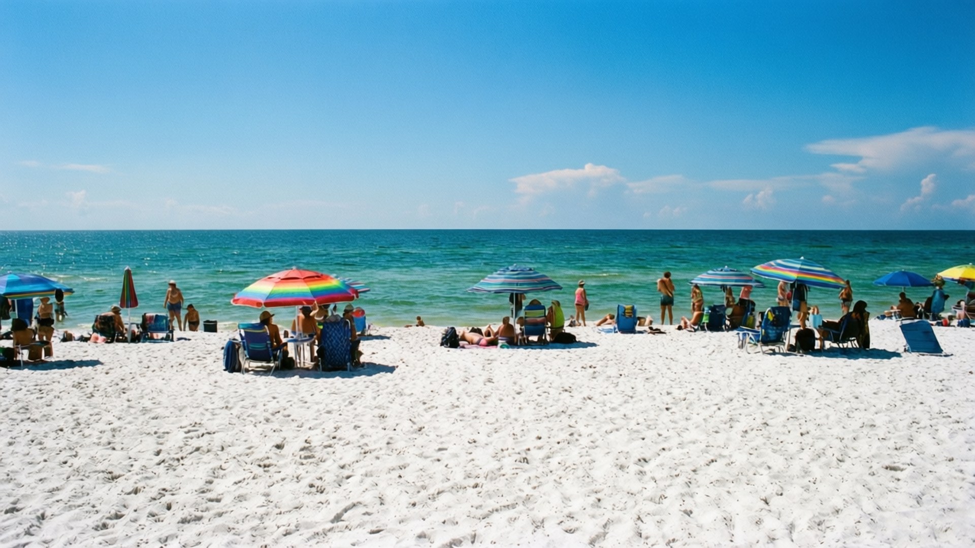 Florida Beach Bliss 壁紙 — 陽光明媚的日子，在擁擠的海灘上，有白色沙灘、碧綠的海水和色彩繽紛的遮陽傘為曬太陽的人遮蔭。