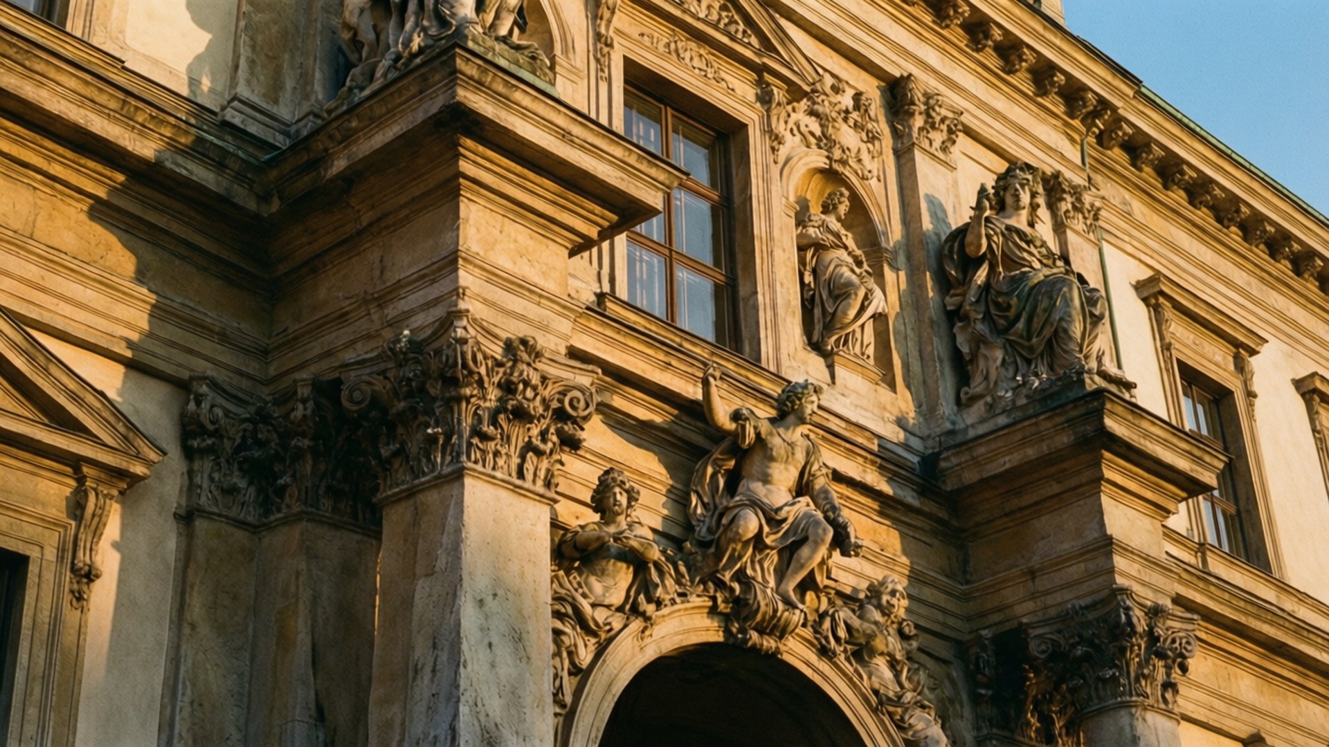 Residenz Facade Detail 壁紙 — 陽光普照的巴洛克風格立面，飾有精緻的石雕和雕像，在晴朗的藍天下。