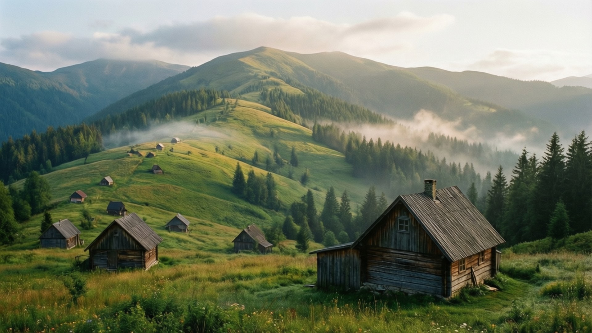 Misty Carpathian Morning 壁紙 — 陽光普照的木屋點綴在晨霧籠罩的起伏綠色山丘上，遠處是森林覆蓋的山脈。