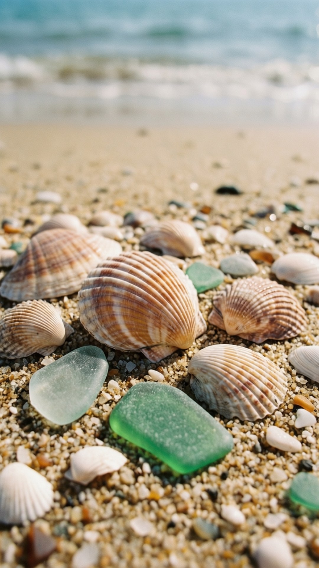 Beach Boho Treasures 壁紙 — 陽光普照的沙灘場景，貝殼和綠色海玻璃散落在金色沙灘上，靠近溫柔的海浪。