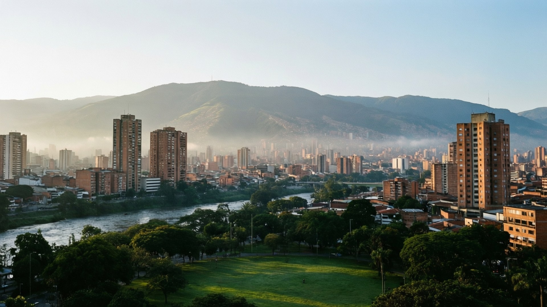 Morning City Mist 壁紙 — 陽光灑落在廣闊的城市景觀中，高聳的磚造建築、蜿蜒的河流，以及依偎在霧氣繚繞山巒間的翠綠公園。
