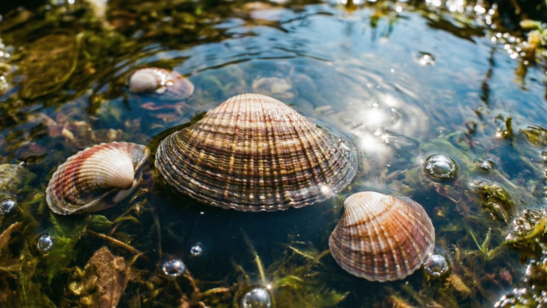 Cockle 桌布 壁紙 — 陽光在清澈的水面上閃爍，貝殼在綠色海藻和浮動氣泡之間休息。