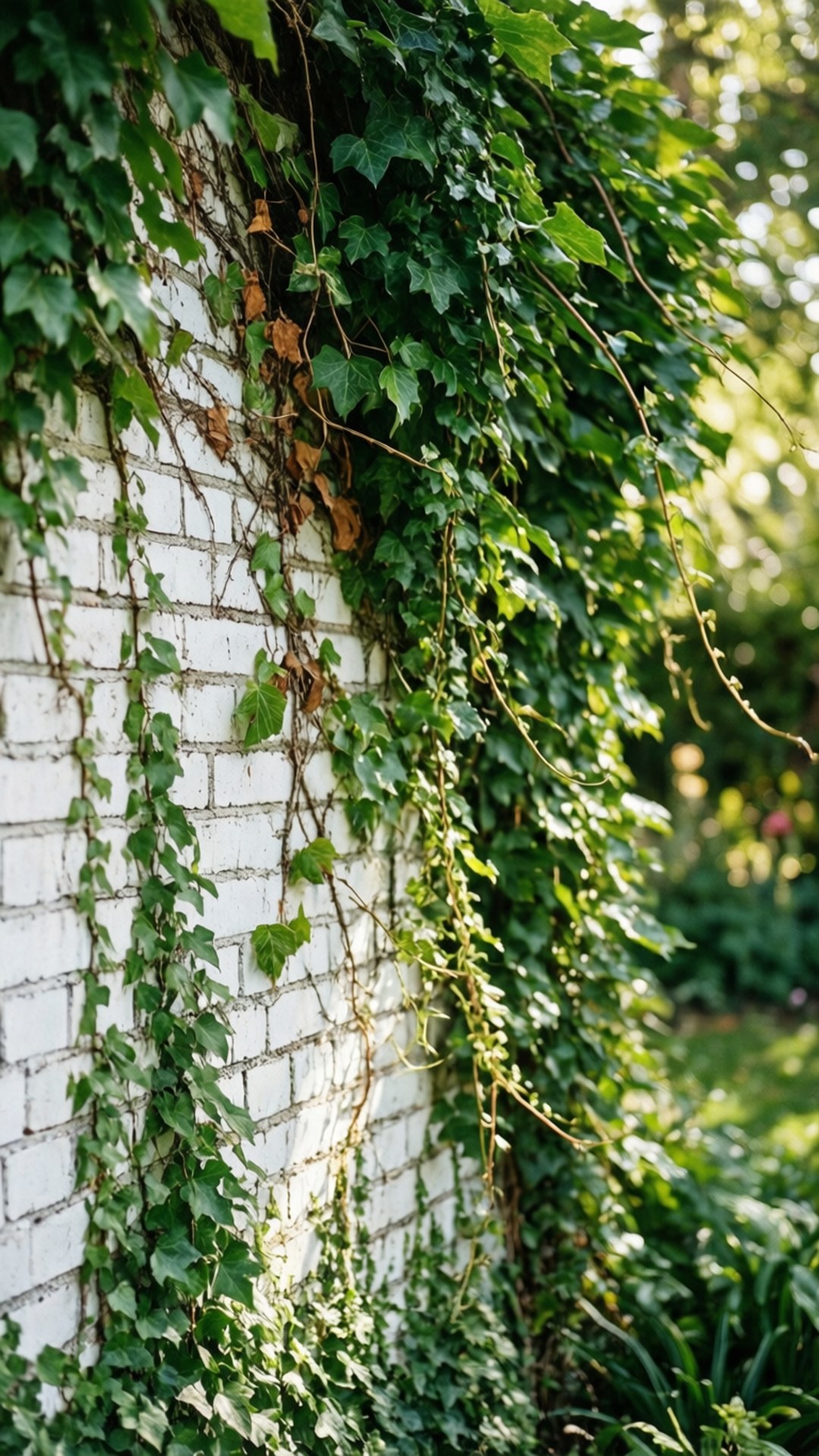 Ivy Covered Wall 壁紙 — 陽光照射的常春藤藤蔓沿著白色磚牆傾瀉而下，帶有斑駁的陰影和散落的棕色樹葉。