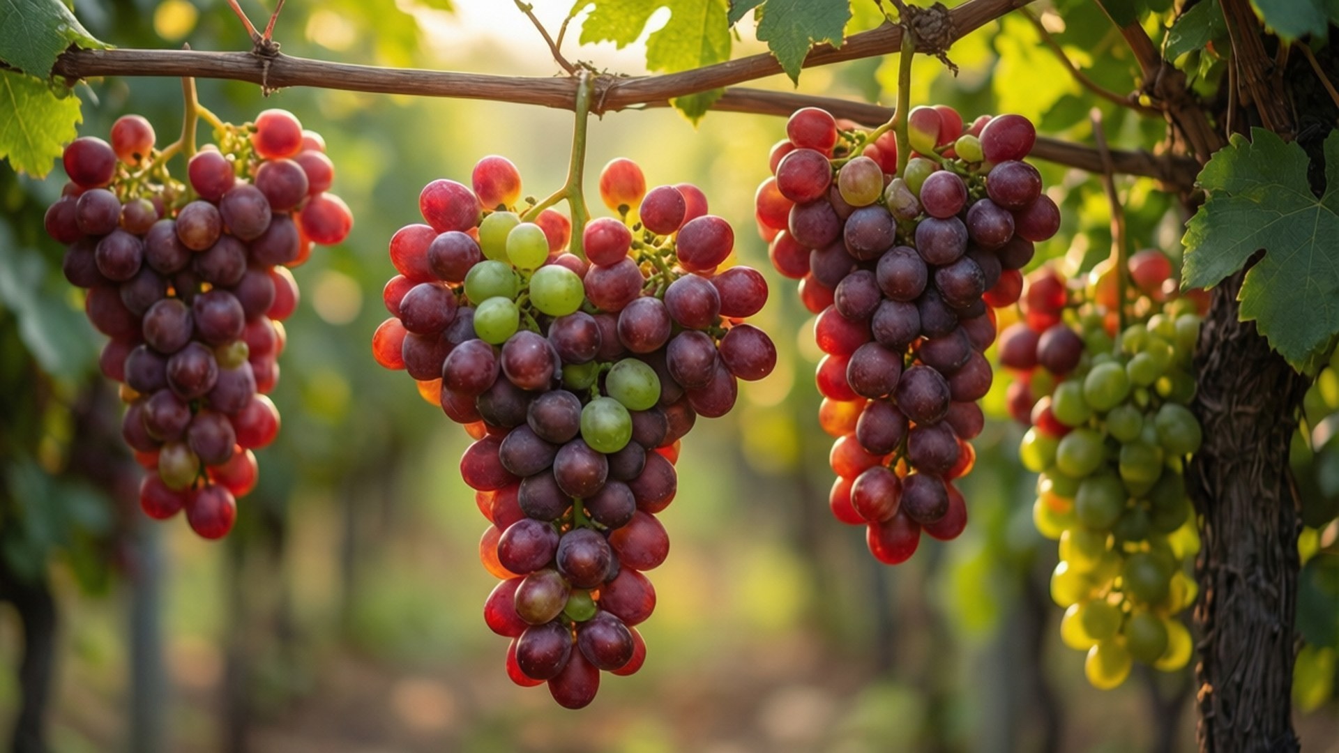 Vineyard Trellis Grapes 壁紙 — 陽光照射下，成熟的紅色和綠色葡萄串沉重地掛在茂密葡萄園的藤蔓上。