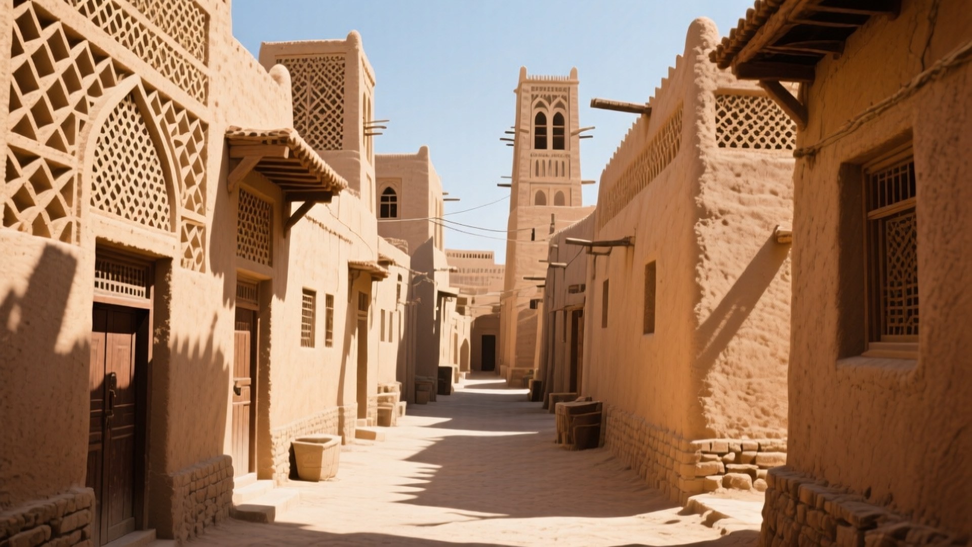 Diriyah Mud-Brick Alley 壁紙 — 陽光照耀的狹窄小巷，兩旁是傳統泥磚建築，帶有幾何格子窗，遠處有一座高塔。