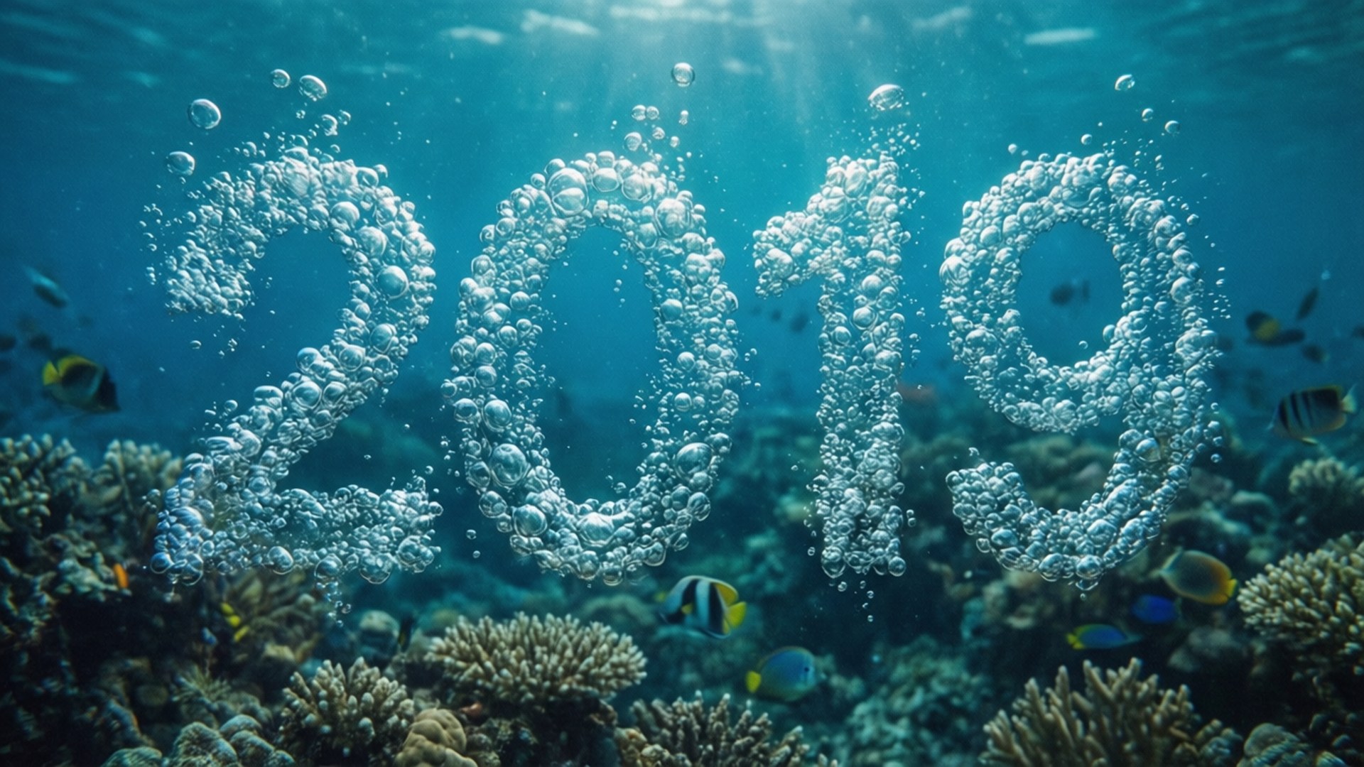 Ocean 2019 Bubbles 壁紙 — 由閃爍氣泡組成的2019年漂浮在充滿色彩繽紛熱帶魚的 vibrant 珊瑚礁上方。