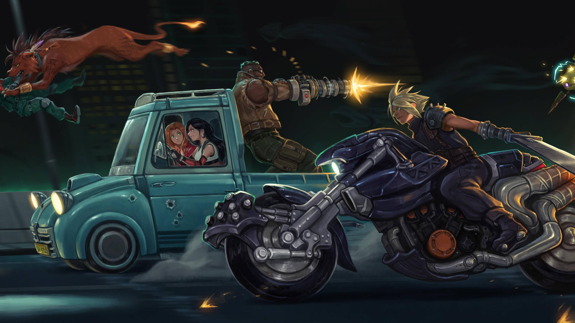 動畫角色在夜間高速追逐中，乘坐摩托車和汽車。 — 最終幻想7 壁紙