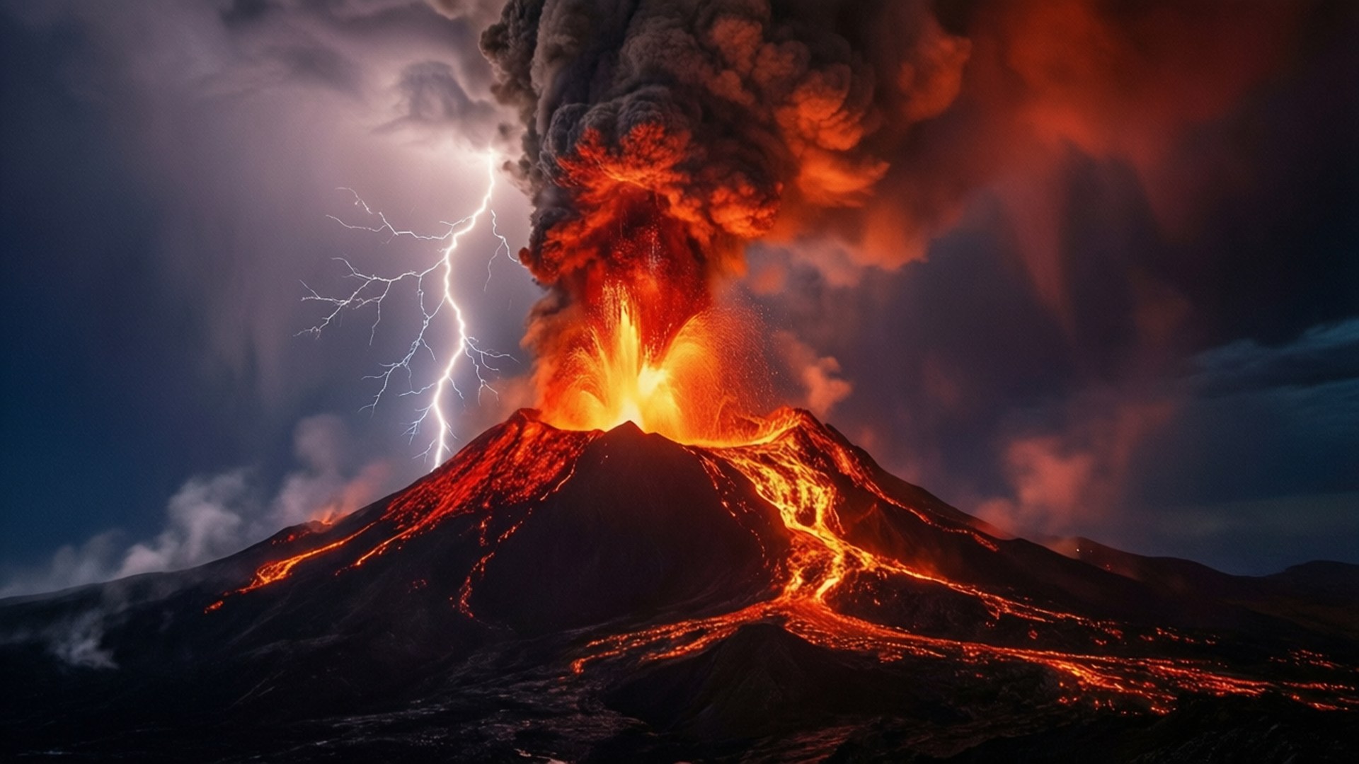 Volcanic Fury Night 壁紙 — 火山在夜間猛烈爆發，熔岩流和巨大的火山灰雲，附近有閃電擊中。