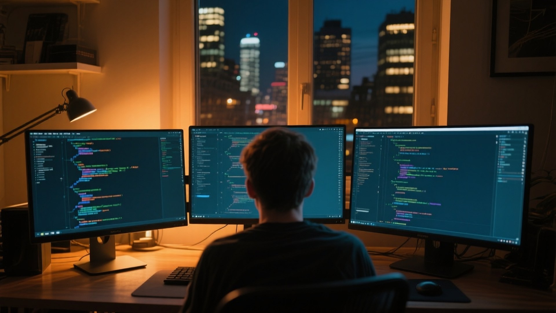 Triple Monitor Setup 壁紙 — 一個人坐在書桌前，面對三個顯示器，顯示器上顯示色彩繽紛的程式碼，背景是透過他們身後窗戶可見的黑暗城市景觀。