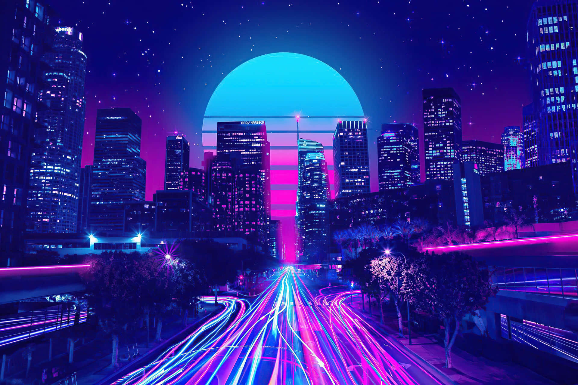  壁紙 — 夜晚被霓虹燈淹沒的賽博龐克城市景觀，有巨大的發光月亮和交通留下的光跡。
