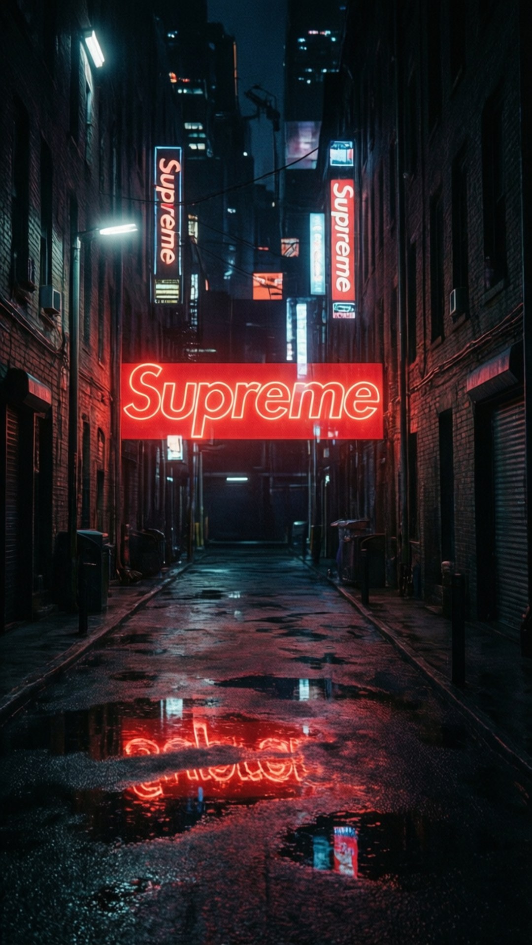 Neon Supreme Alley 壁紙 — 夜晚潮濕的城市小巷反射出懸掛在磚建築之間的發光紅色Supreme霓虹燈招牌。
