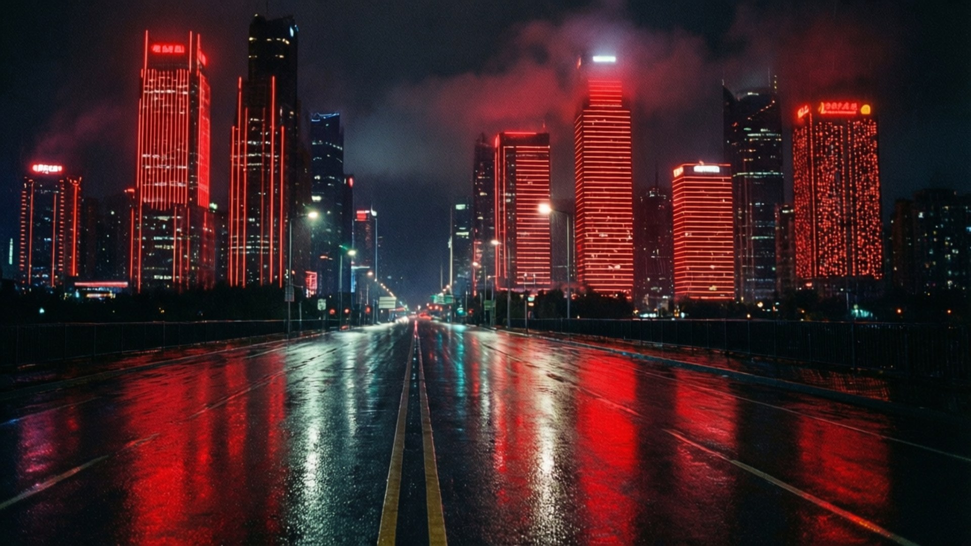Neon City Night 壁紙 — 夜晚潮濕的高速公路反射著從高聳摩天大樓穿透烏雲的熾熱紅色霓虹燈光。