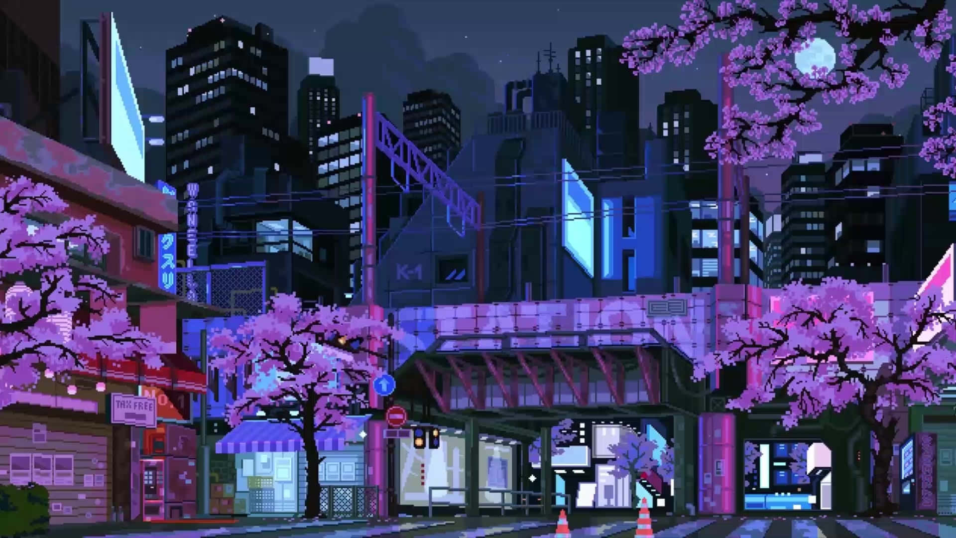  壁紙 — 夜晚充滿活力的霓虹燈城市景觀，閃爍的摩天大樓和粉紅色的櫻花框住街道。