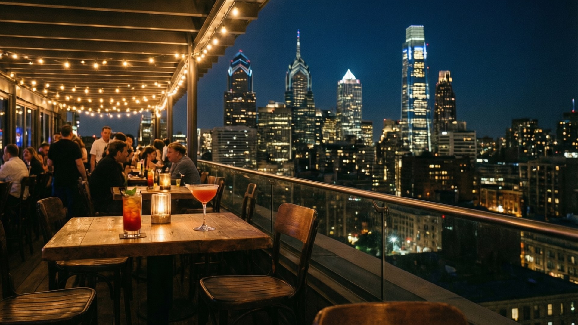 Rooftop Bar City Lights 壁紙 — 夜晚的屋頂酒吧，顧客在燈串下享用雞尾酒，俯瞰燈火通明的城市天際線。