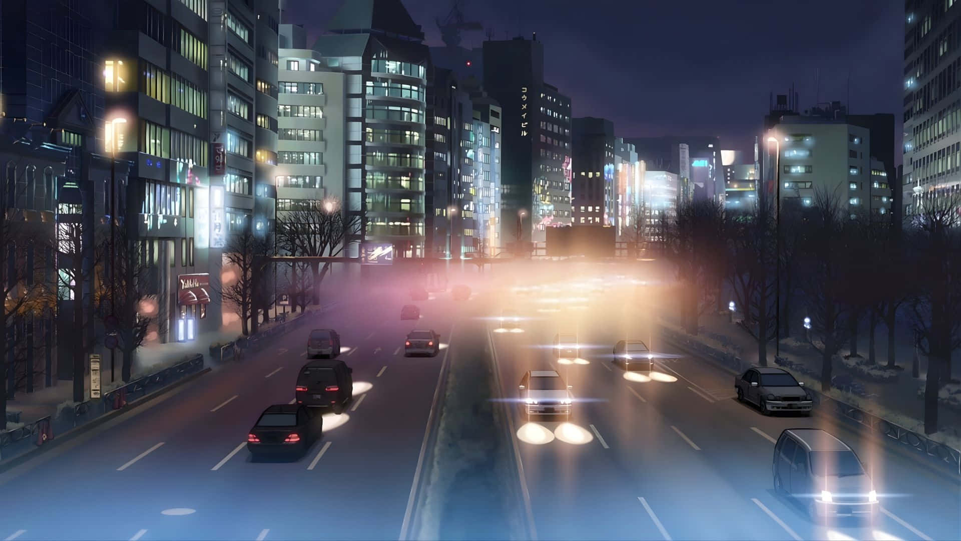  壁紙 — 夜晚繁忙的城市街道，閃爍的車頭燈和燈火通明的摩天大樓在積雪的道路上投下溫暖的光芒。